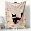 Cute Black Cat&Watercolor Floral Pattern Blanket Soft Flannel Throw Blanket for Couch Bed Sofa Cozy Warm Blanket for Home Decor