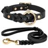 Soft Real Leather Dog Collar and Leash Set Adjustable Braided Dogs Collars 150cm Lead Rope for Medium Large Dogs German Shepherd