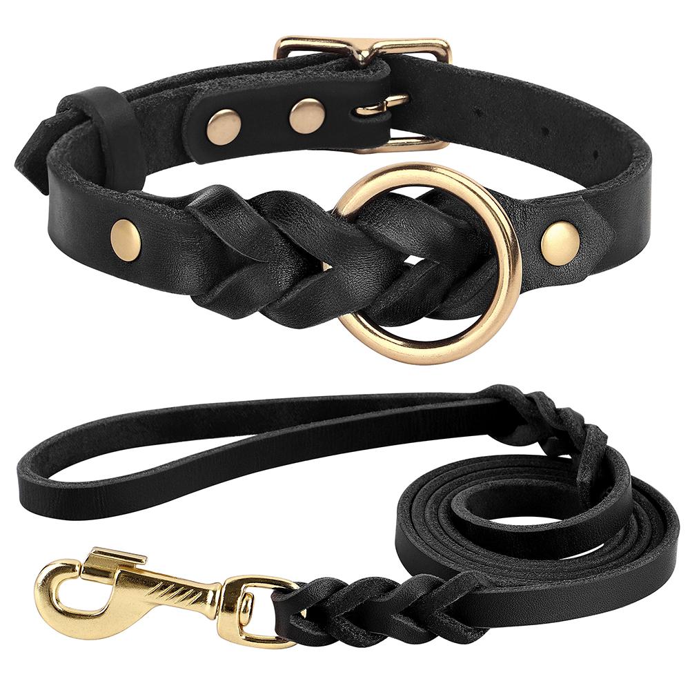 

Soft Real Leather Dog Collar and Leash Set Adjustable Braided Dogs Collars 150cm Lead Rope for Medium Large Dogs German Shepherd M чорний