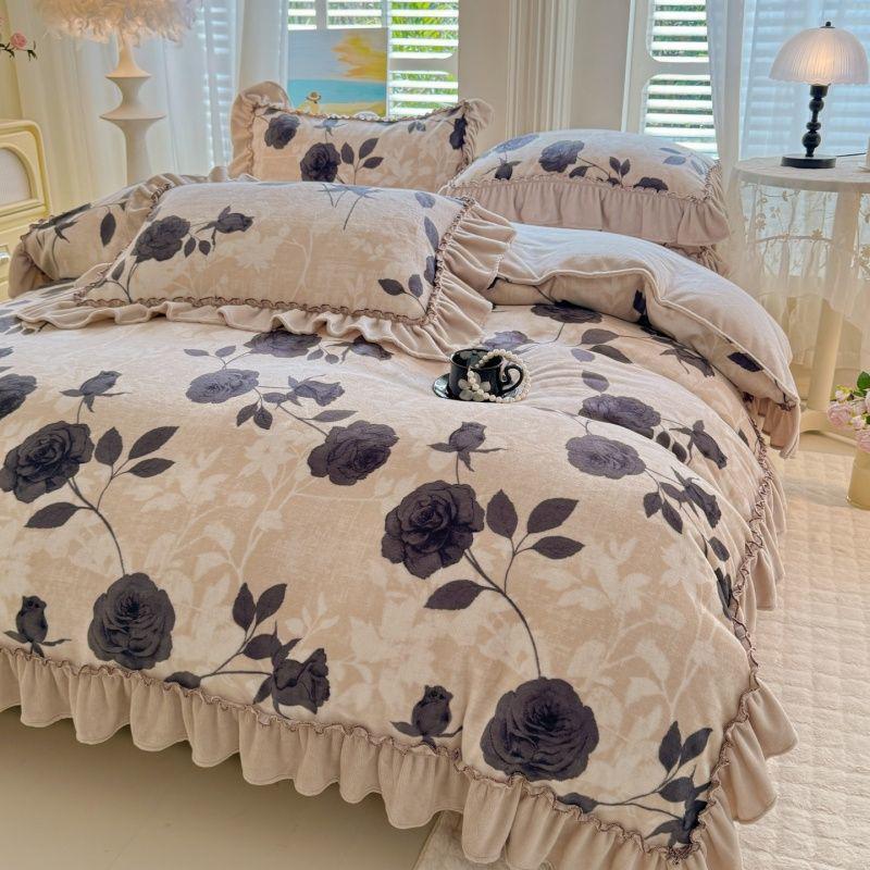 G5Z Winter-Samt Prinzessinnen-Spitzen Bettwäsche-Set - Flanell Bettdecke und Laken, Koralle, Vierteilig.