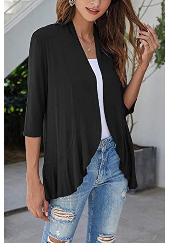 Autumn Solid Color Ruffle Cardigan Coat for Women - 3/4 Sleeves