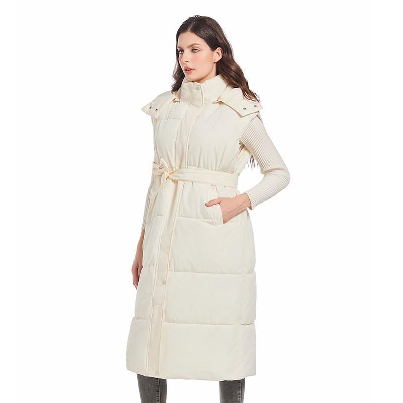Womens Long Puffer Vest Over-Knee Warm Hooded Sleeveless Coat With Drawstring Waist