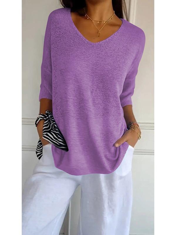 Women's V Neck Half Sleeve Knit Sweater Loose Fit Casual Solid Color Pullover Top