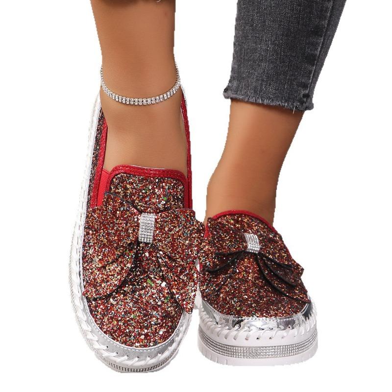 Large size muffin platform single shoes women's new flat bottom round head bow sequins one pedal lazy shoes