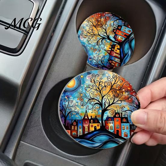 Easy Clean Car Coasters 2PCS Coasters, Oil Painting Print, Decorative Non-Slip Thermal Pads, Stain-Resistant Modern Accessory Gift to Cup Holders, for