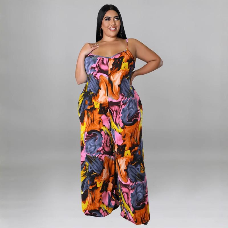 MY912 Plus Size Womens Sleeveless Printed Jumpsuit With Belt Soft Milk Silk Fabric 2025 Collection Straight Leg Sweet Gentle Style Casual Wear