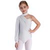 Girls Dance Leotard One Shoulder Design Mock Neck Long Sleeve Ruched Mesh Overlay Performance Bodysuit