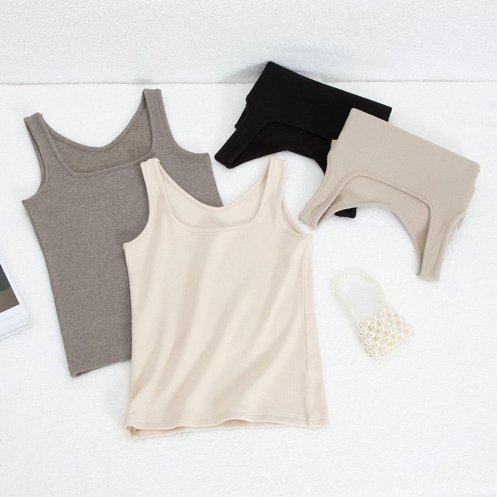 Women's Slim Fit Brushed Square Neck Camisole - Solid Color Warm Base Layer for Autumn and Winter