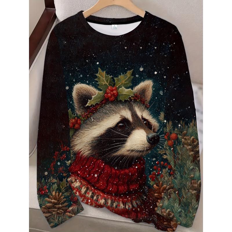 Fun Raccoon Print Fashion Casual Women S Round Neck Top, Spring Autumn Trendy Loose T-Shirt S
