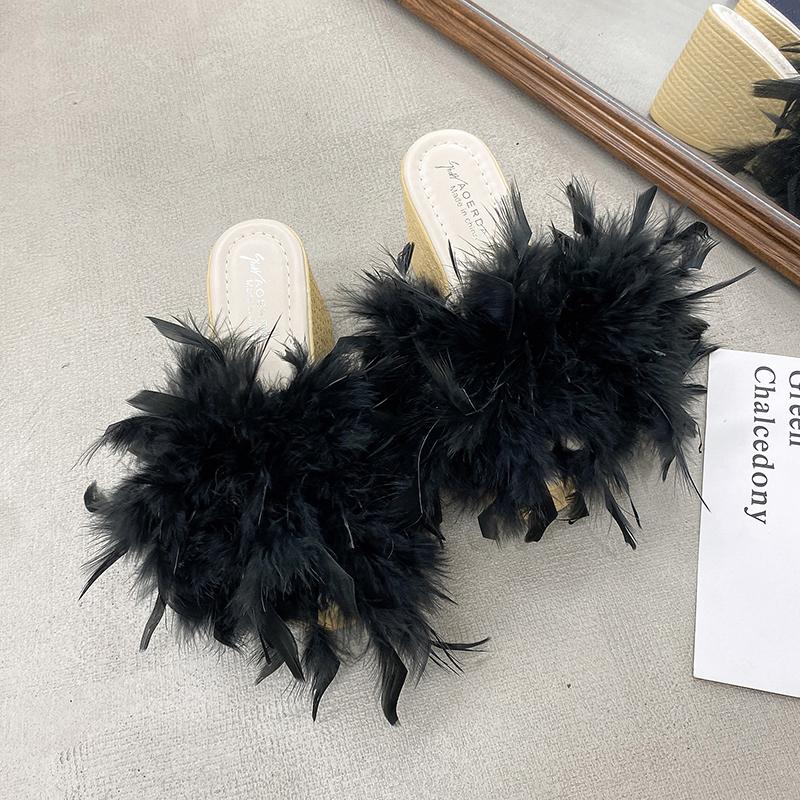 Fashion Aphixta New 7CM Wedge Heel Slides Colorful Real Fur Women Slippers Furry Summer Shoes Platform Hair Slides Big Size 43 Sandals