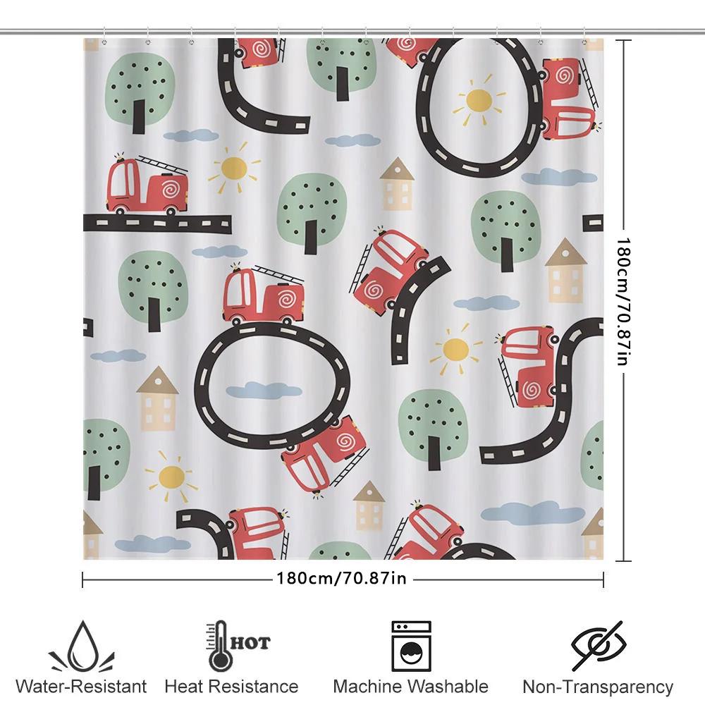 Playful Kids Bath Curtain Children's Shower Curtains Decorative with Red Tractor Tree Pattern Washable Fabric for Bathroom Perfe
