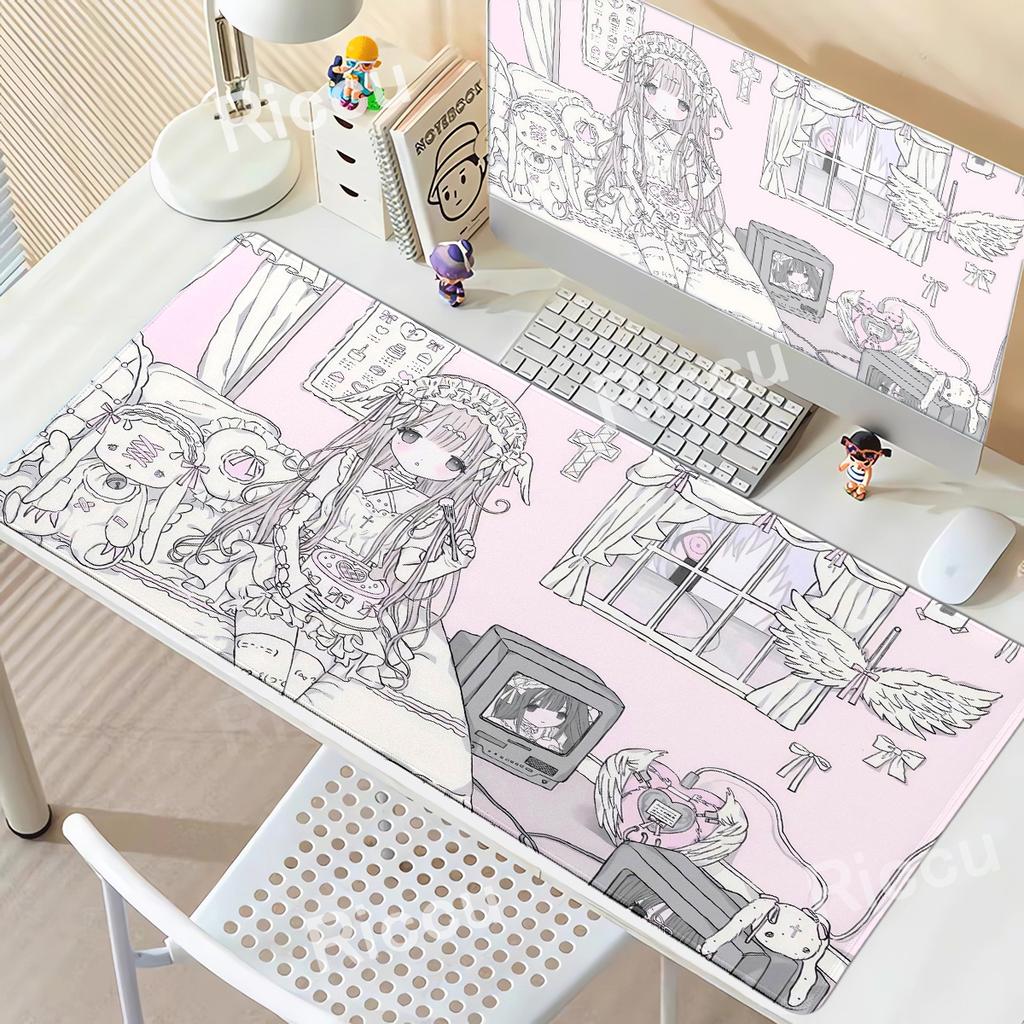 Alfombrilla de Ratón para PC Gaming de Chicas Kawaii Anime Rosa Accesorios de Escritorio para PC Alfombrillas Extendidas Antideslizantes para Teclado de Jugador Grande Alfombrilla de E-Sports