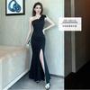 Black One-shoulder Evening Dress, New High-end Light Luxury Niche Temperament Host Harpoon-tail Split Dress