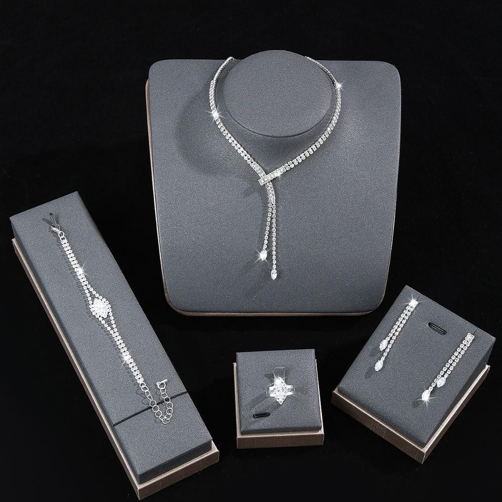 4PC Simple Necklace Earrings Bracelet Ring Set Sparkling Women's Fashion Jewelry Kit  Gift
