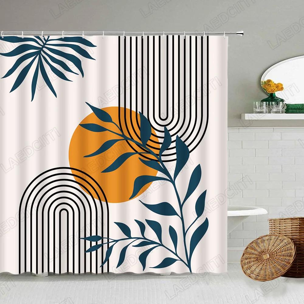 Abstract Mid Century Shower Curtains Boho Arch Sun Beige Modern Minimalistic Home Bathtub Bathroom Curtain Fabric Decoration Set