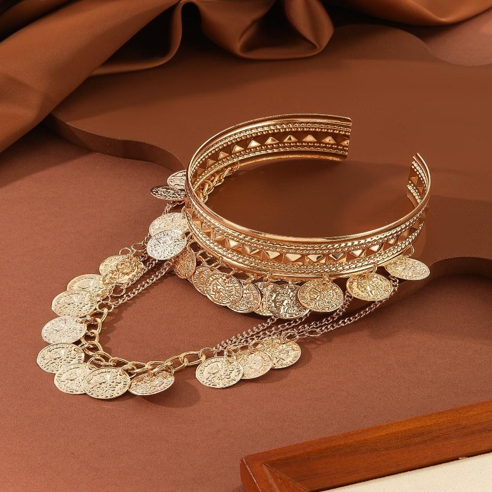 Coin Leaf Golden Metal Cuff Bangle Trendy Boho Open Armlet Creative Tassel Arm Chain  Party