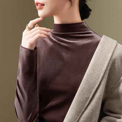 Velvet Bottoming Shirt Women's New Women's Clothing Temperament Semi-turtleneck Shirt with Waist and Long-sleeved Top.