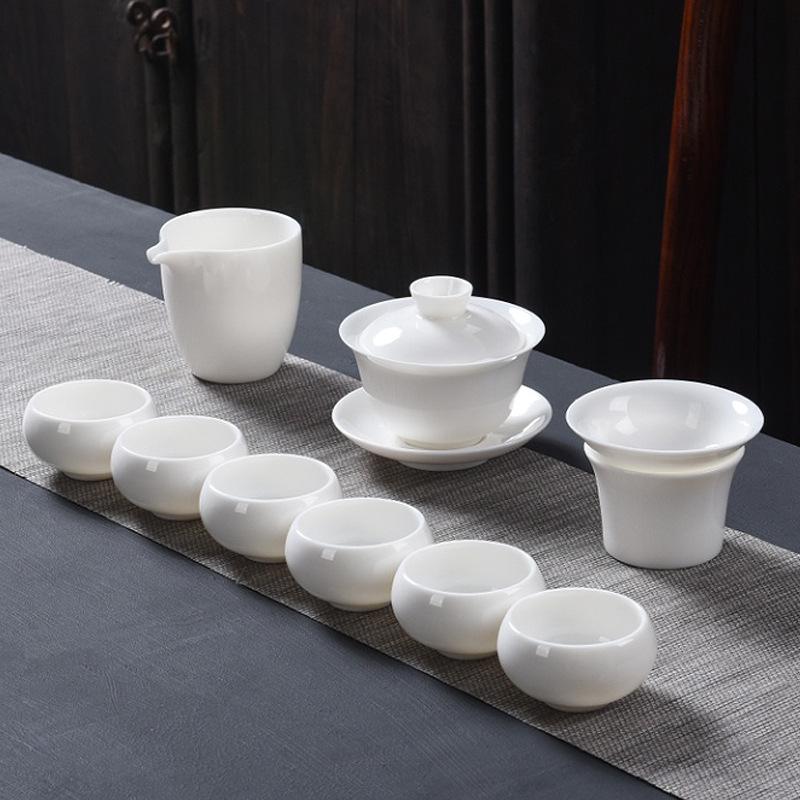 Suet Jade White Porcelain Tea Set Custom Set Kung Fu Tea Cup Household Living Room Dehua Tea Ceramic Cover Bowl