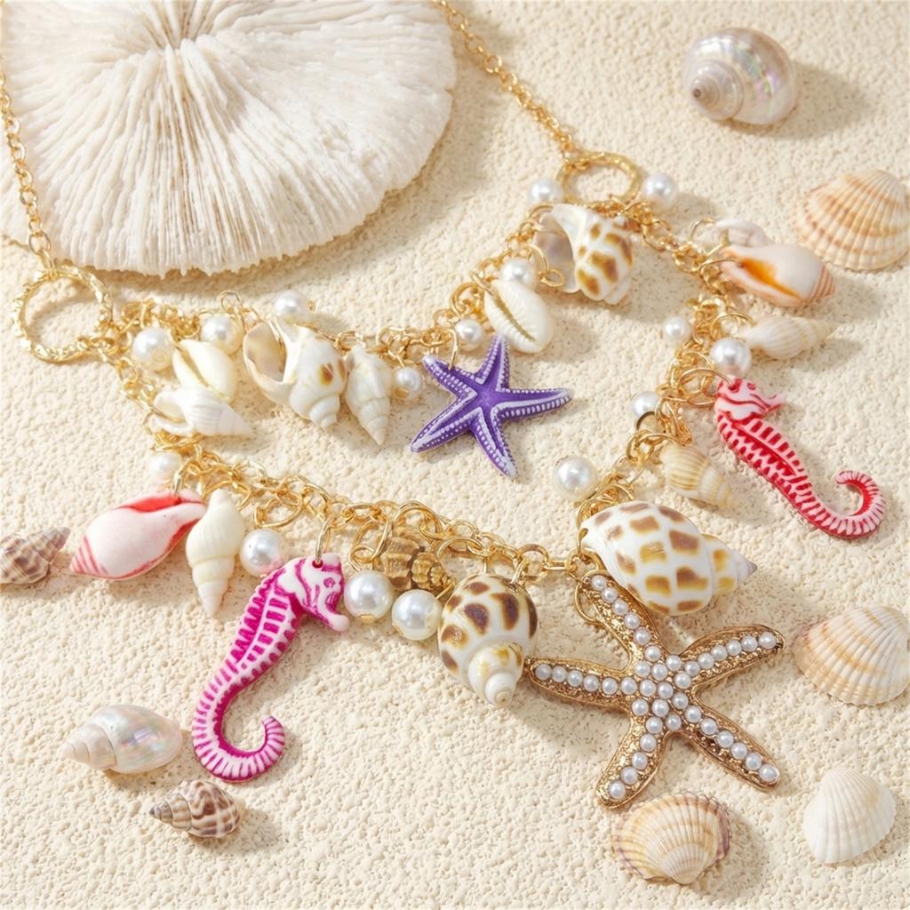 Boho Exaggerated Starfish Conch Pendant Necklace for Women Seahorse Shell Imitation Pearl Metal Chain Choker Beach Party Jewelry