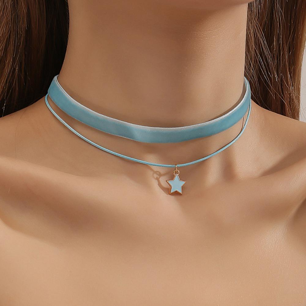 Charm Fashion Five-pointed Star Pendant Colorful Velvet Ribbon Double-layer Choker Necklaces for Women Collar Chain Jewelry Gift