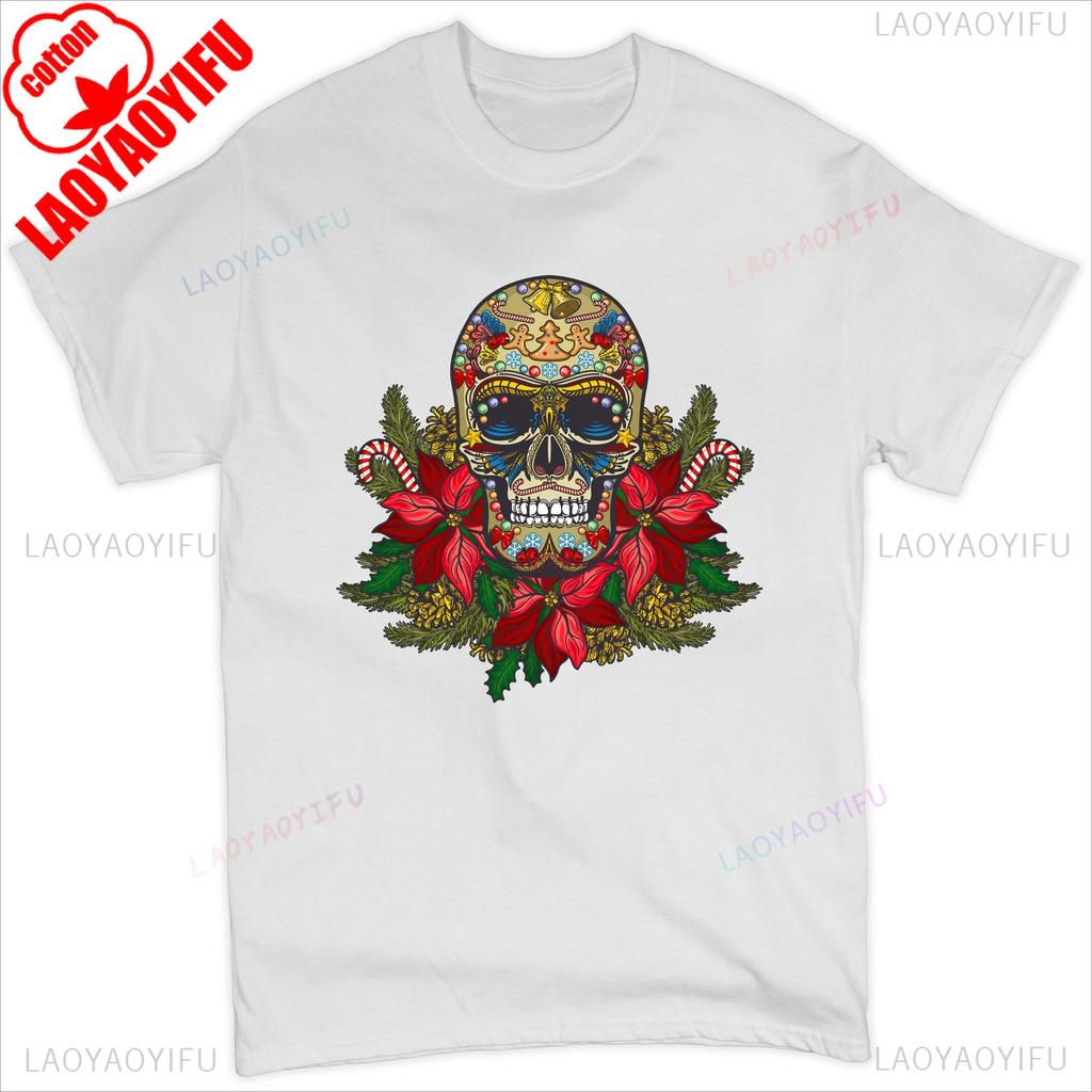 Christmas Calavera Tshirt Sugar Skull Holiday Spirit Mistletoe Mens Tee Retro Breathable Top Skeleton and Flower Pattern Shirt