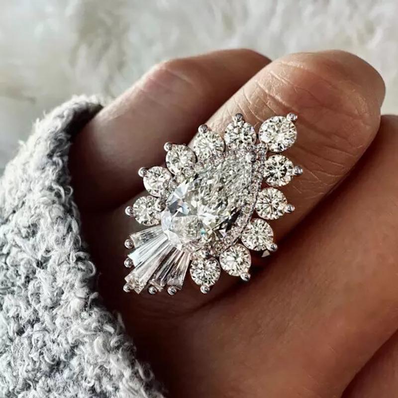 

European and American Palace Style Snowflake Temperament Ring, Women s Water Droplet High-end Wedding Sparkling Zircon 10