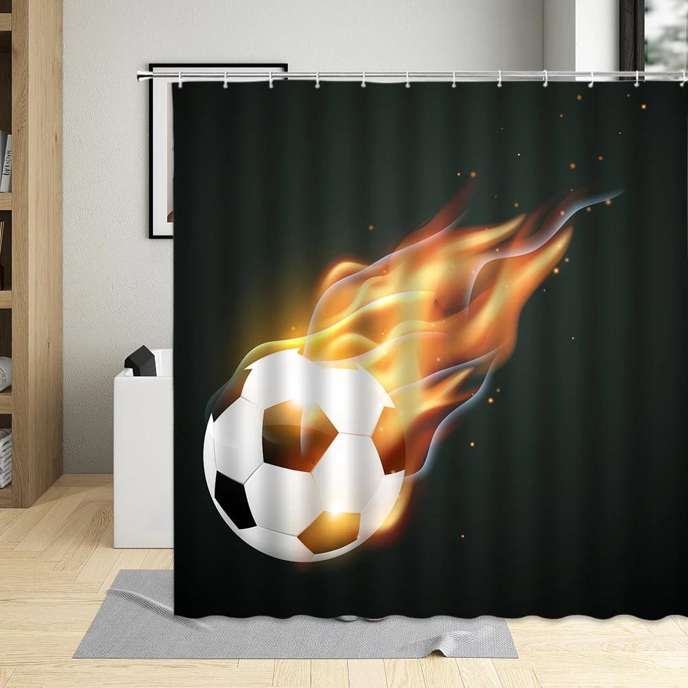 Football Sports Design Shower Curtain, Polyester Fabric, Waterproof, Boys Home Decor, Screens With Hooks, Cartoons Bathroom