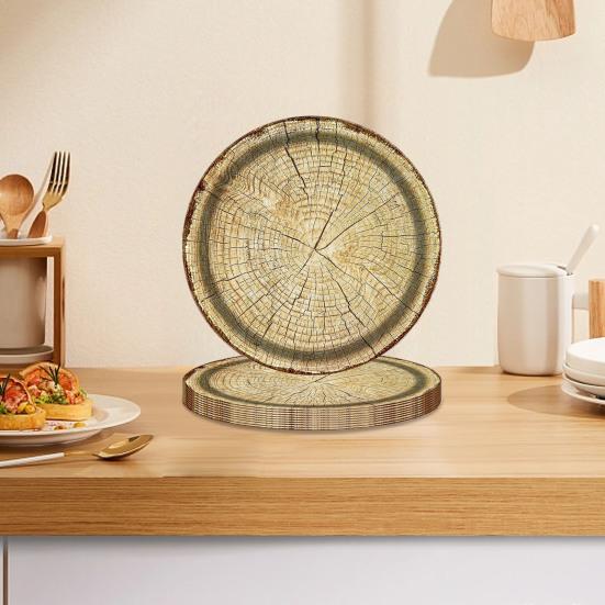 10Pcs Round Wood Grain Paper Tray Food Grade Paper Dinner Plates Decorative Picnic Party Tableware Decoration