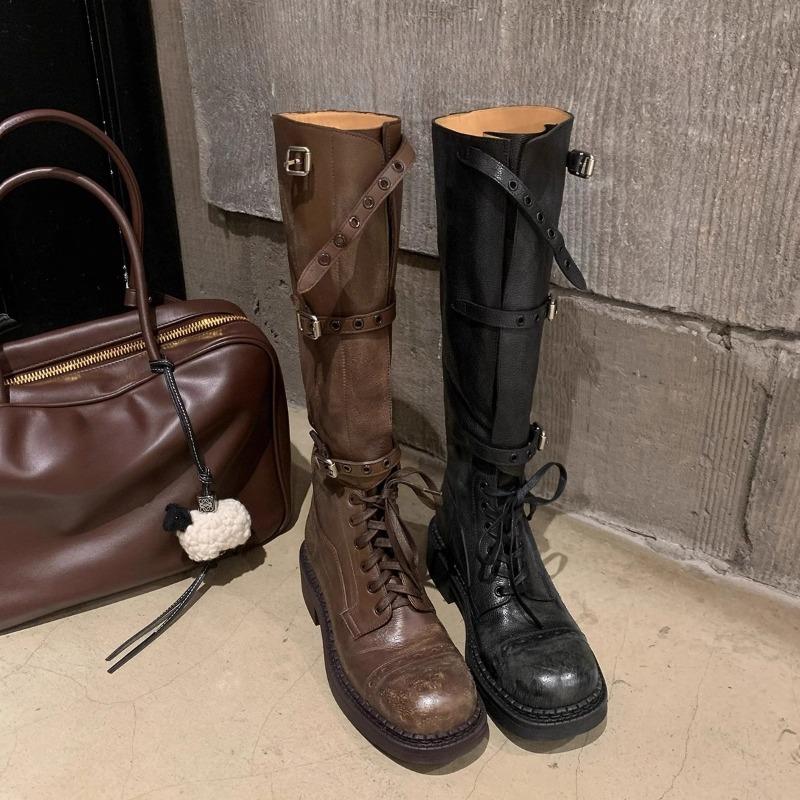 Anti-slip Shoes with Belt Buckles, Retro Chunk-heeled Mid-calf Boots for Women in Autumn and Winter