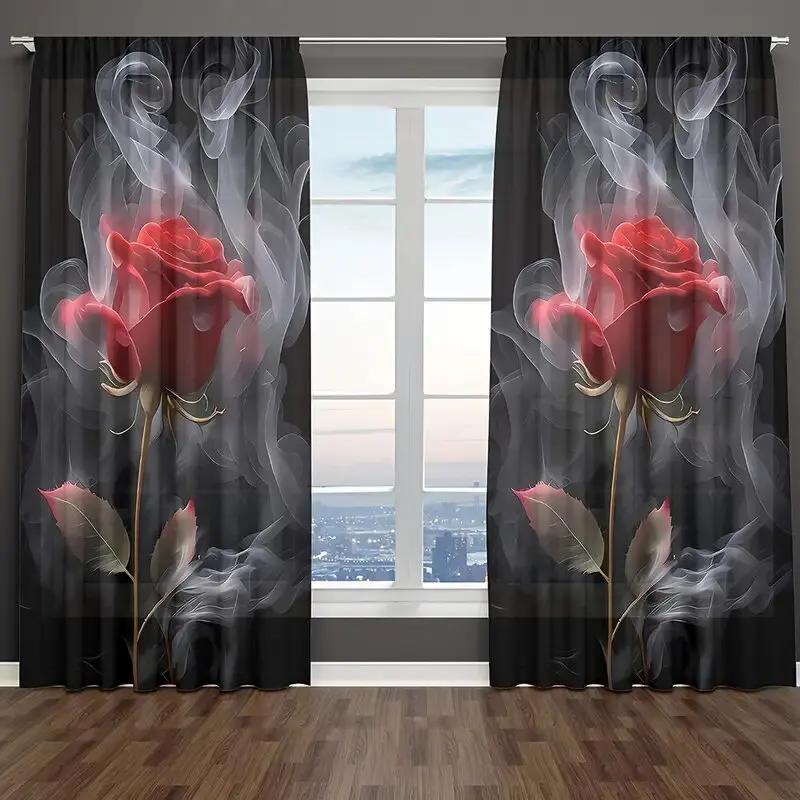 Set Of 2 Red Rose Flower Pattern Printed Curtains Window Decorations Home Room Curtain Made Polyester