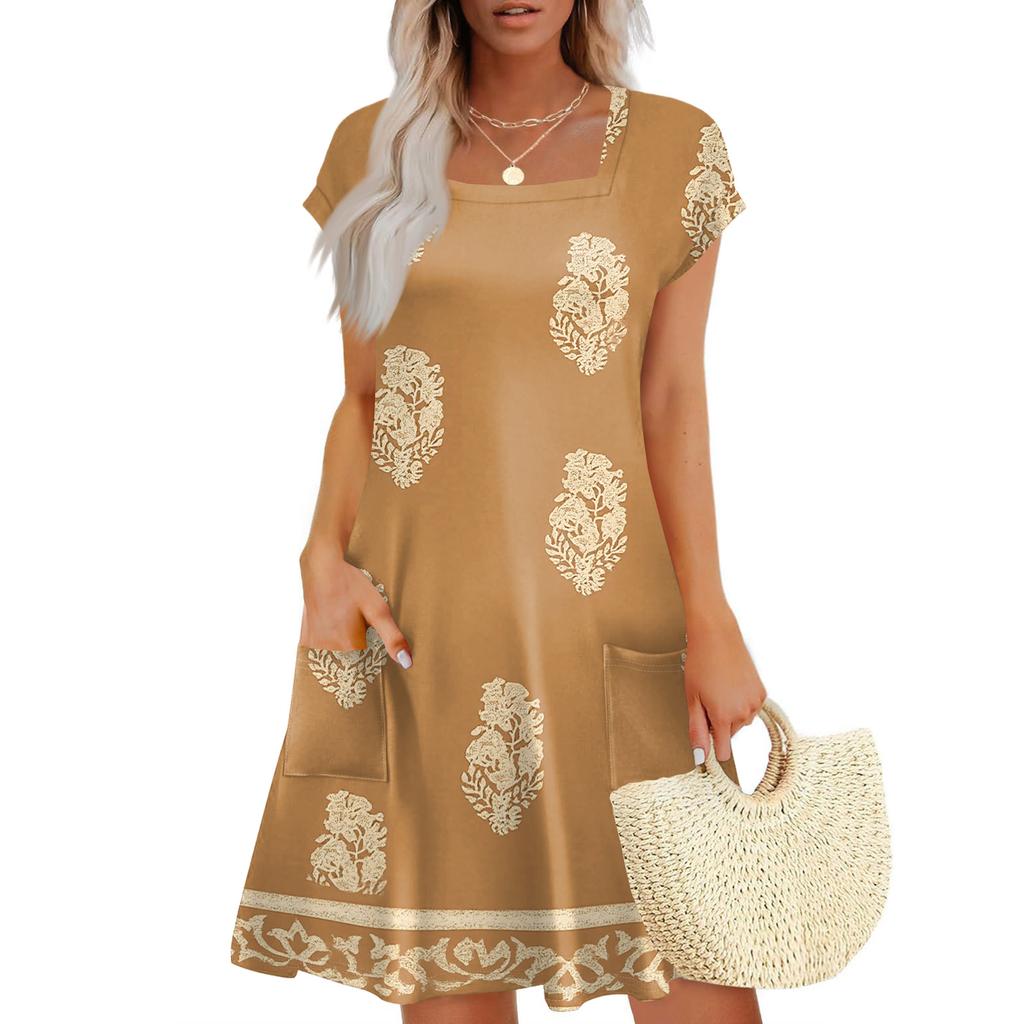 Summer Dresses For Women Loose Square Neck Cap Sleeve Casual Beach Vacation Tshirt Dress Sundresses With Pockets