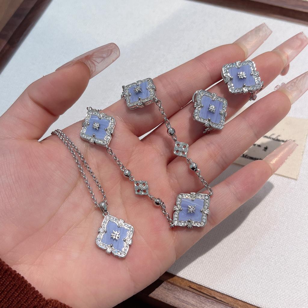 2026 Vintage Court Style Buchi Window Flower Purple Chalcedony Pine Clover Set Necklace Bracelet Earrings
