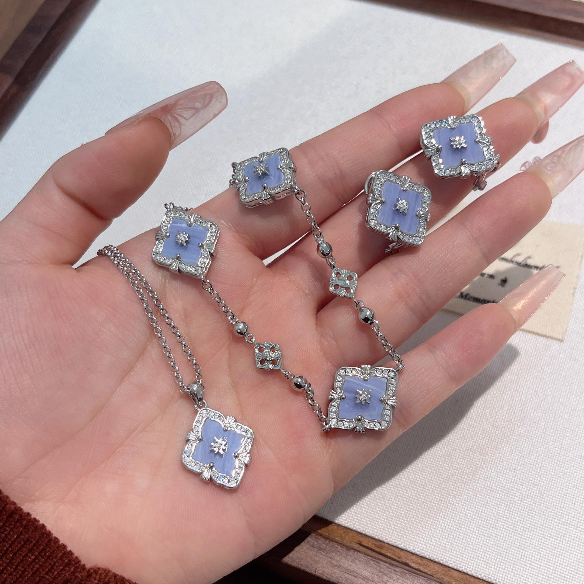 2026 Vintage Court Style Buchi Window Flower Purple Chalcedony Pine Clover Set Necklace Bracelet Earrings 45CM