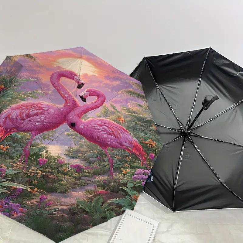 1PC Flamingo Jungle Automatic Open/Close Umbrella Compact Folding Umbrella with 8-Rib Shaft Lightweight Esign, Fashion Lovers1234A