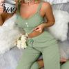 Women Pajamas 2 Pcs/Set Pants Top Suit Low-cut V Neck Sleeveless Solid Color Shirring Drawstring High Sleepwear Set Elastic Waist Lace Summer Homewear