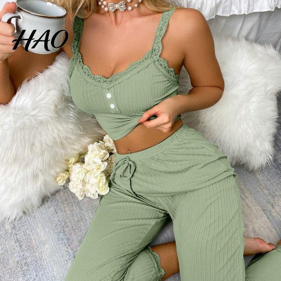 Women Pajamas 2 Pcs/Set Pants Top Suit Low-cut V Neck Sleeveless Solid Color Shirring Drawstring High Sleepwear Set Elastic Waist Lace Summer Homewear
