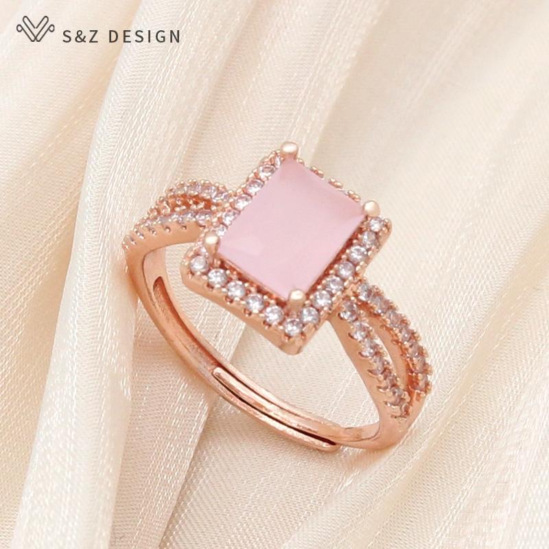 Trendy Luxury Rectangle Crystal Resizable Rings For Women Wedding Party Fashion Rose Gold Color Cubic Zirconia Jewelry Gift