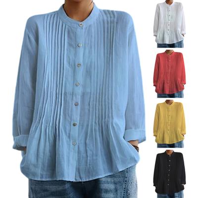 Women Shirt Pure Color Stand Collar Long Sleeve Single-Breasted Button Casual Tops Work