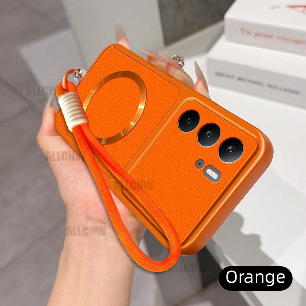 For Magsafe Wireless Charging Case For Realme C75 C71 C67 C65 C63 C61 C35 C33 C31 C30 C21 C20 4G With Lanyard PU Lambskin Cover