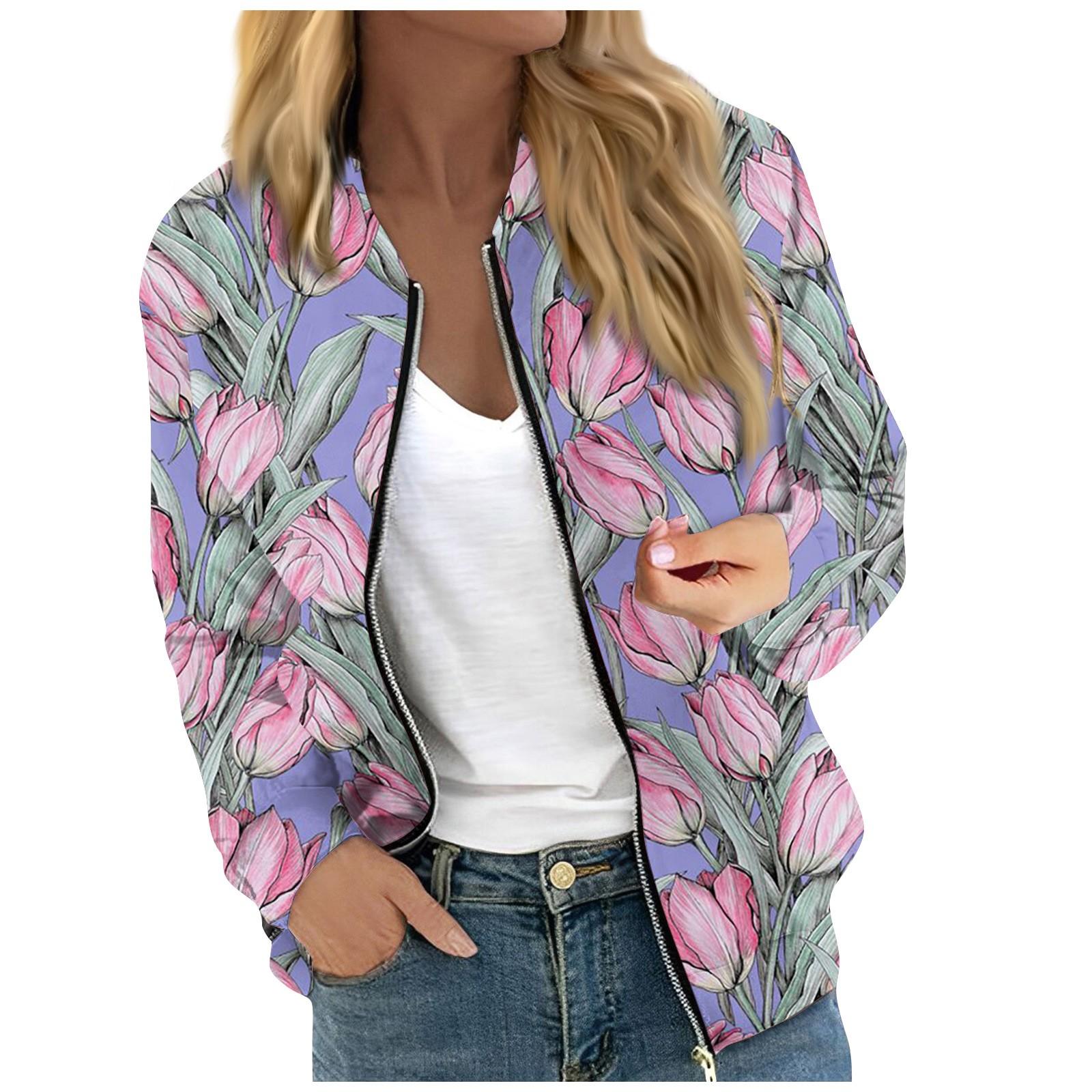 

Женская модная повседневная куртка на молнии с длинным рукавом с цветочным/листовым принтом и круглым вырезом XL