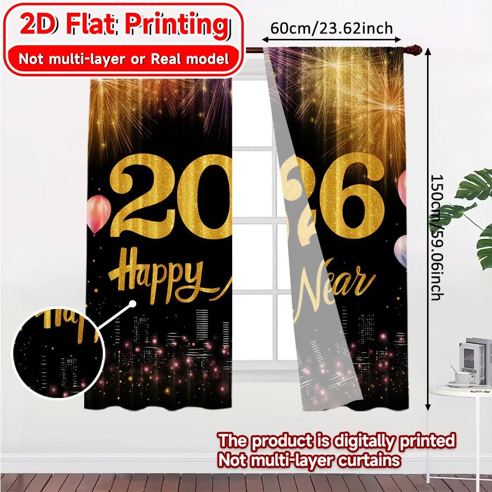 Set Of 2 Flat Printing Newyearcelebration Chic Pattern Curtains Versatile Polyester Fabric Room Decor Suitable Curtain