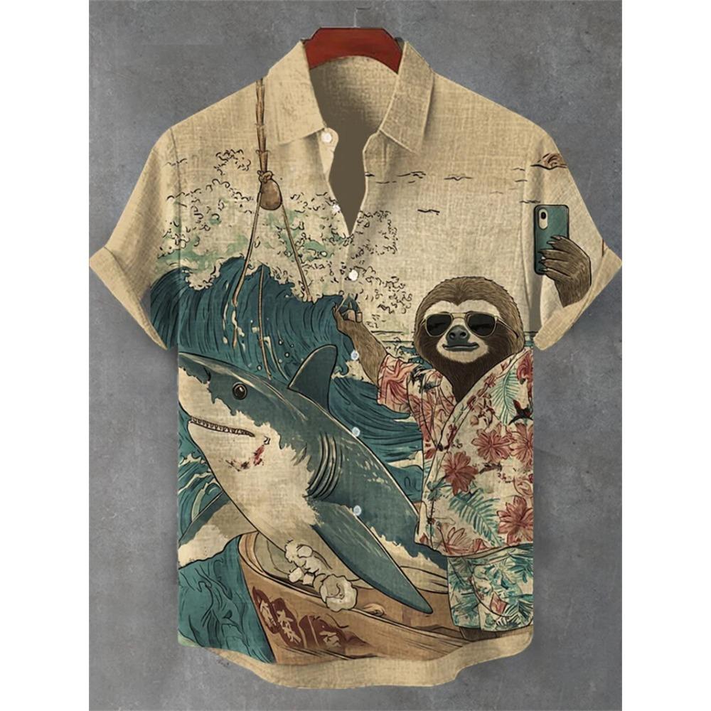 New Men s 3D Octopus Print Short Sleeved Shirt, Retro Summer Linen Shirt, Men s Holiday Casual Short Sleeved Streetwear M