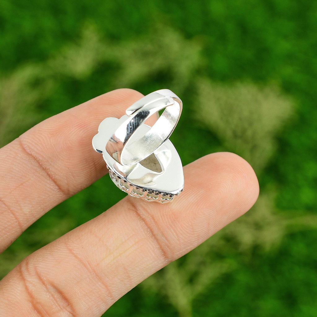 Natural Rainbow Moonstone Boho Stackable Bezel Promise Ring 925 Sterling Silver