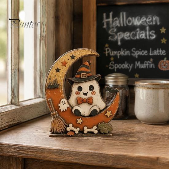 Vintage Fall Holiday Party Supplies Halloween Retro Pumpkin Witch Cat Ghost Figurines with Crescent Base, Spooky Rustic Tiered Tray Decor Wooden