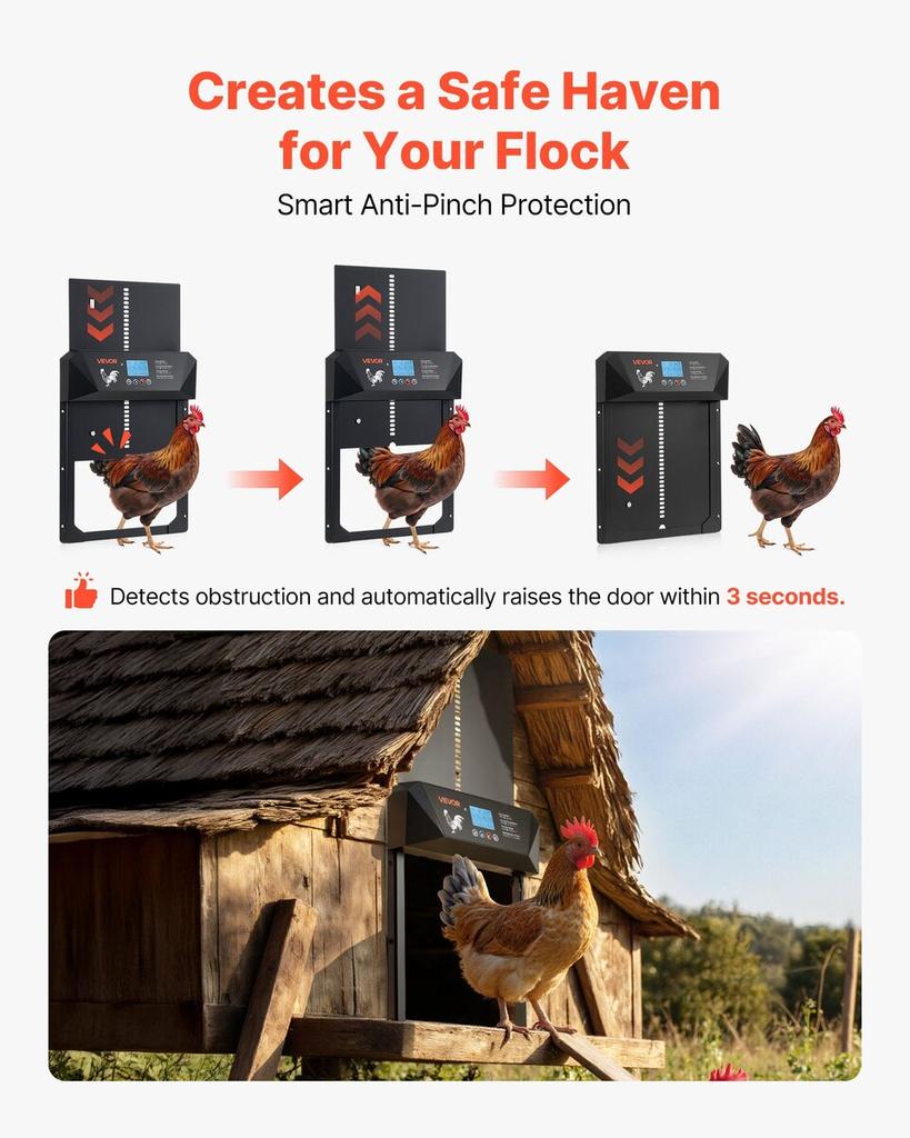 Automatic Chicken Coop Door, DC & Battery Powered Chicken Door with LCD Display, Light Sensor, Timer & Manual Setting, Anti-Pinch Security, Durable