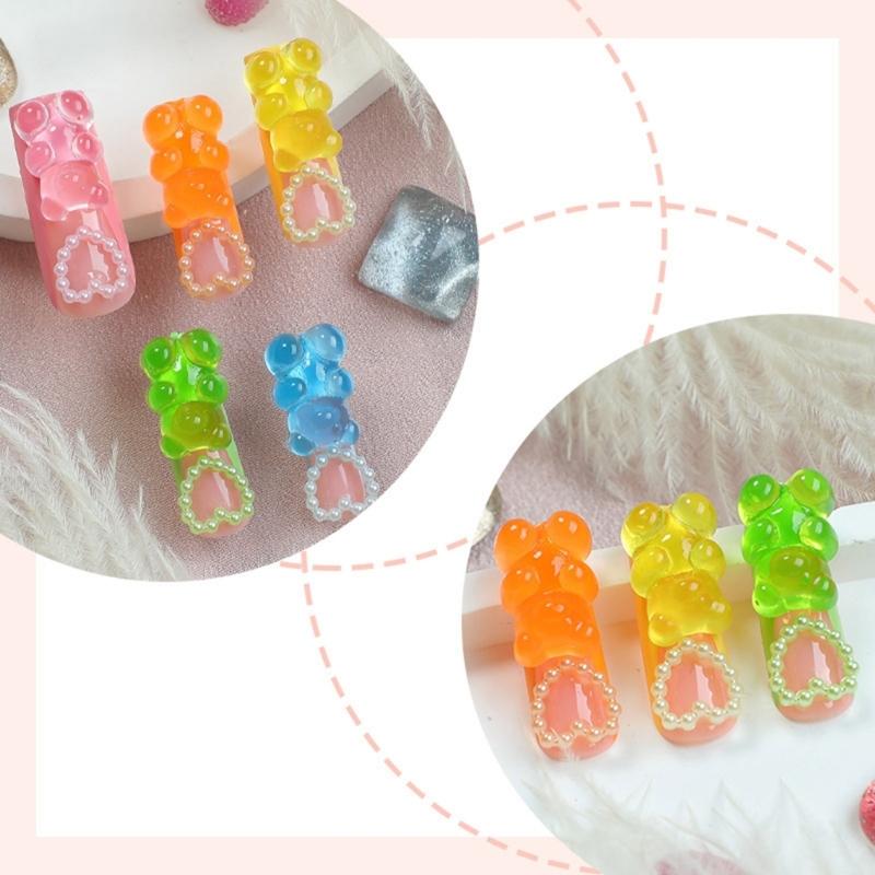 Square Long False Nail With 3D Heart And Bear Decoration Stick on Nail Full Cover Artificial Nail For Special Occasion