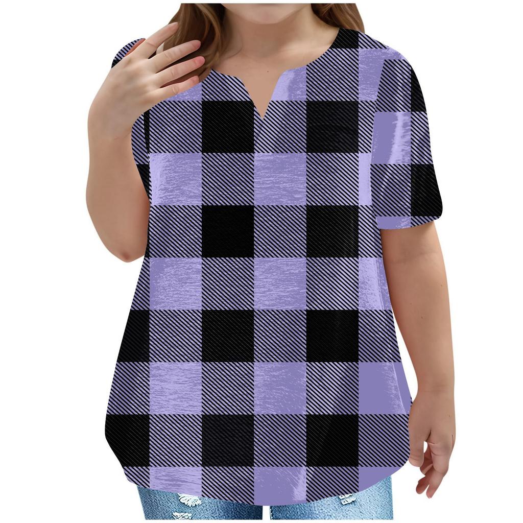 Children's Plus-size T-shirt Casual Fashion Plaid V-neck Short-sleeved Pocket Top