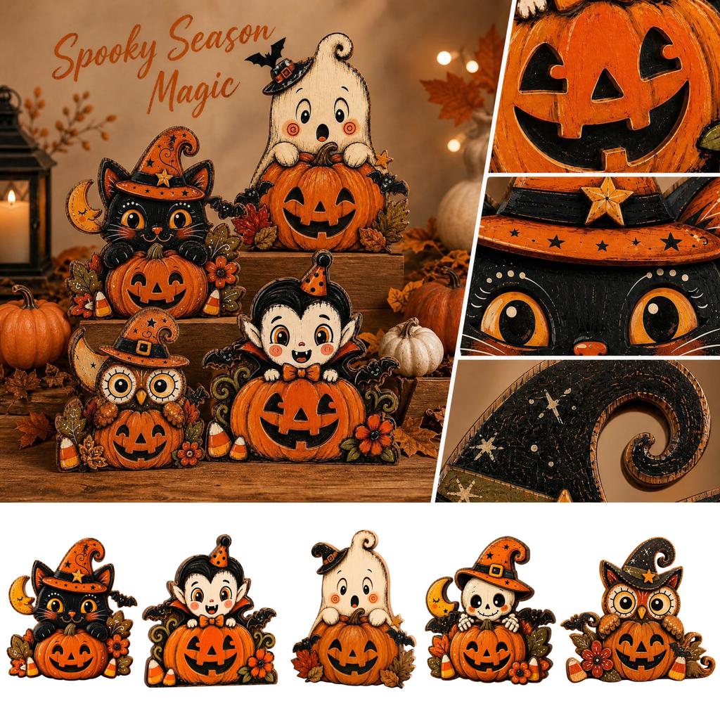 Vintage Wooden Halloween Pumpkin Tabletop Decor with Distressed for Shelf and Mantel Home