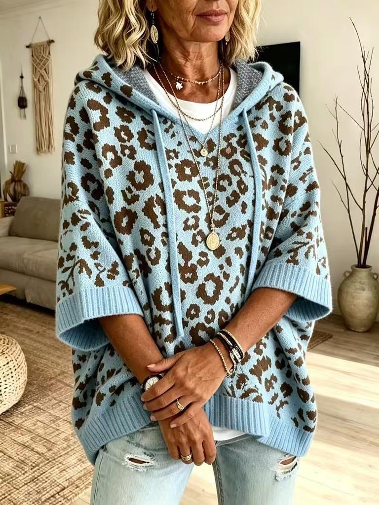 Leopard print hooded sweater European and American sweater sweater drawstring knitted outer top knitted pullover hoodie