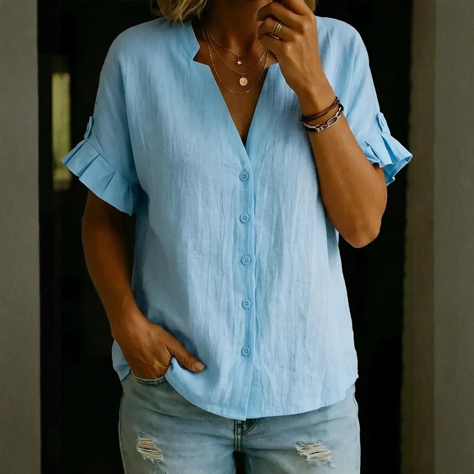 Women s Fashion Color Casual Stand Collar Ruffled Sleeve Short-Sleeved Top S